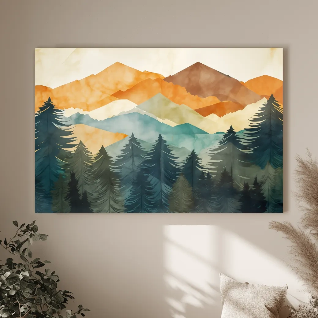 Serene Landscape Painting - Abstract Watercolour Forest & Mountains