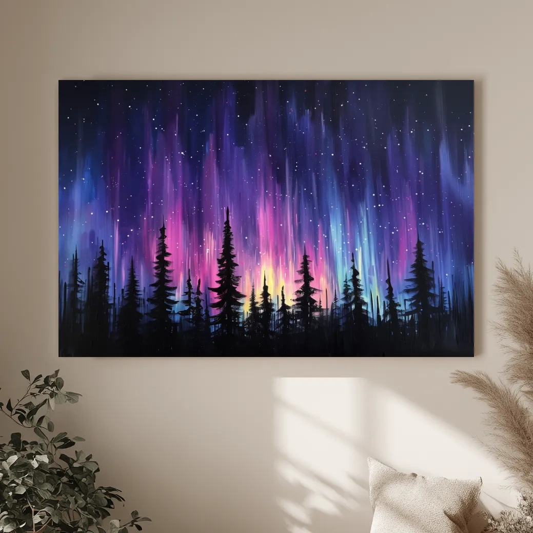 Vibrant Purple Northern Lights & Silhouetted Pine Forest - Aurora Borealis Painting Wall Art