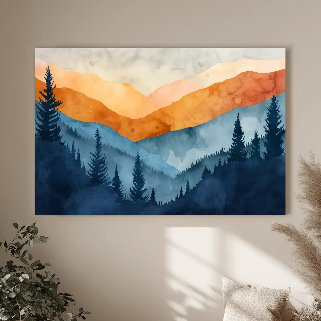 Moody Watercolor Mountain Range Silhouette - Pine Forest Painting Wall Art