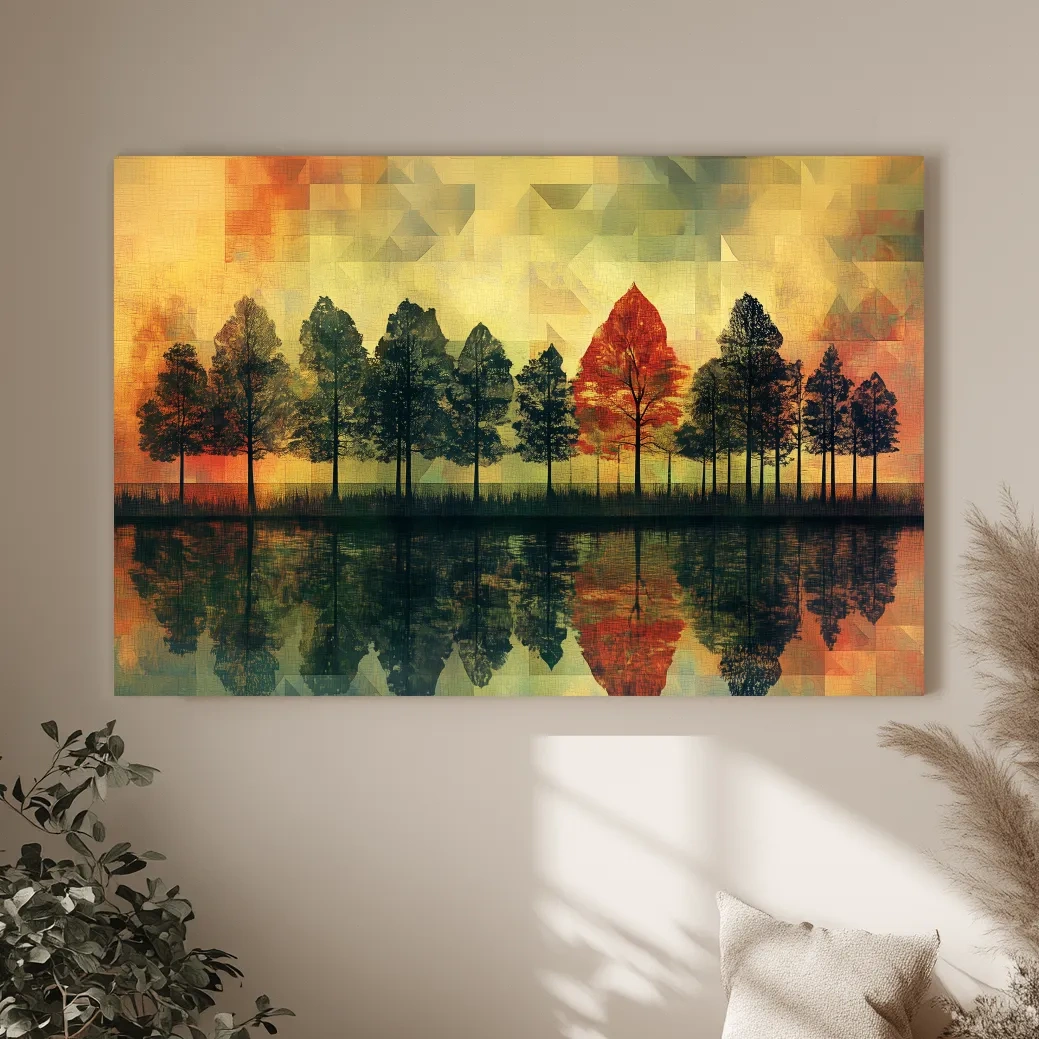 Abstract Geometric Autumn Forest Reflection - Modern Mosaic Landscape Artwork