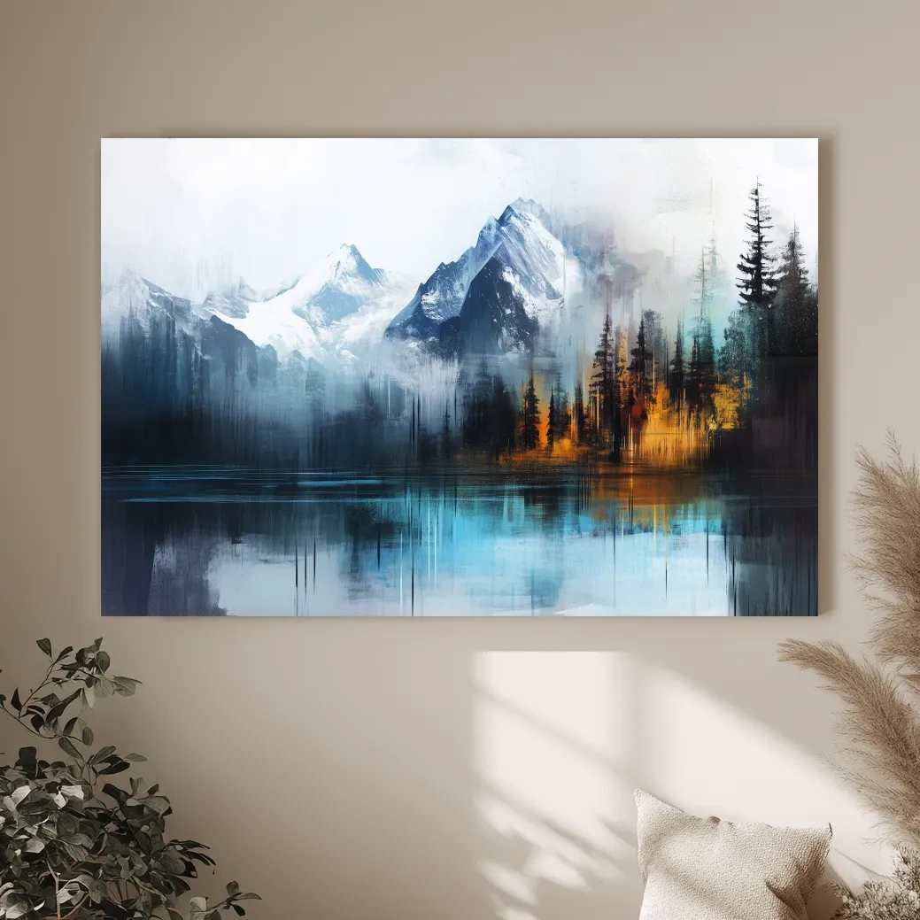 Misty Mountain & Lake Reflection - Abstract Painting Pine Forest Wall Art
