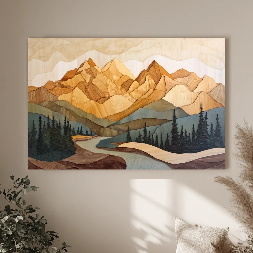 Wood Intarsia Mountain Landscape - Warm Earth Tone Alpine Forest Wall Art