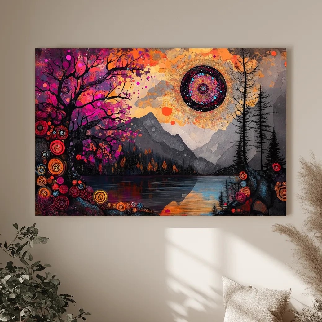 Psychedelic Mountain Lake Sunset Mandala - Vibrant Surreal Landscape Wall Art