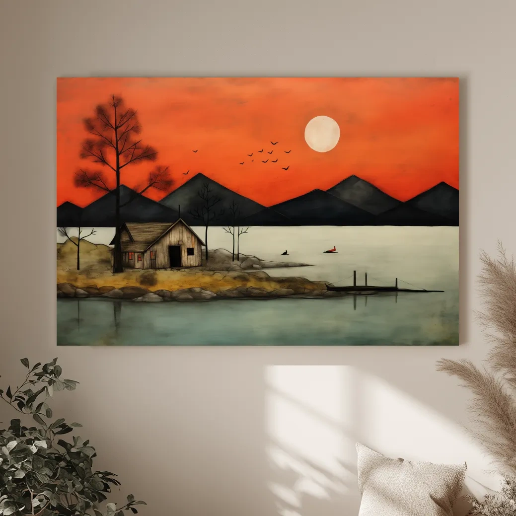 Rustic Lakeside Cabin Sunset Painting - Mountain Wall Art