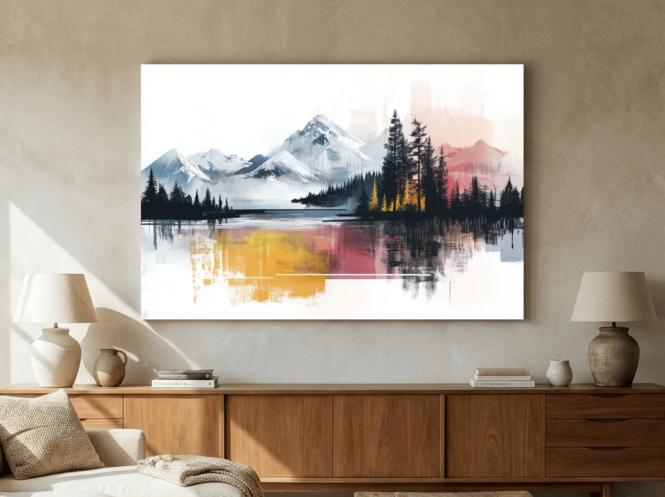Abstract Misty Mountain Lake Painting - Modern Watercolor Pine Forest Art