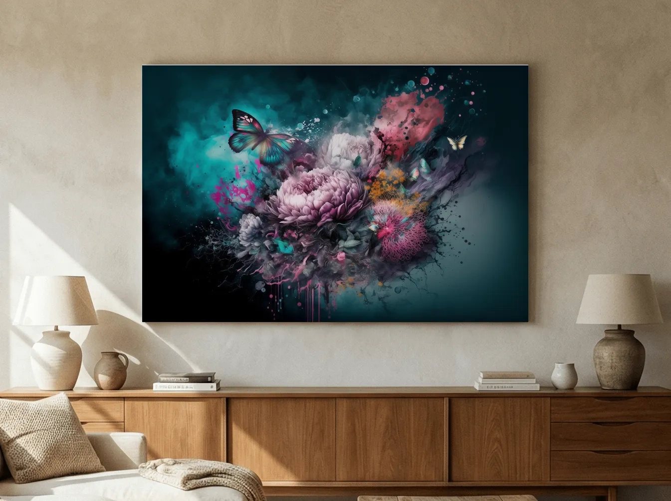 Surreal Floral Butterfly Explosion Painting - Vibrant Botanical Wall Art
