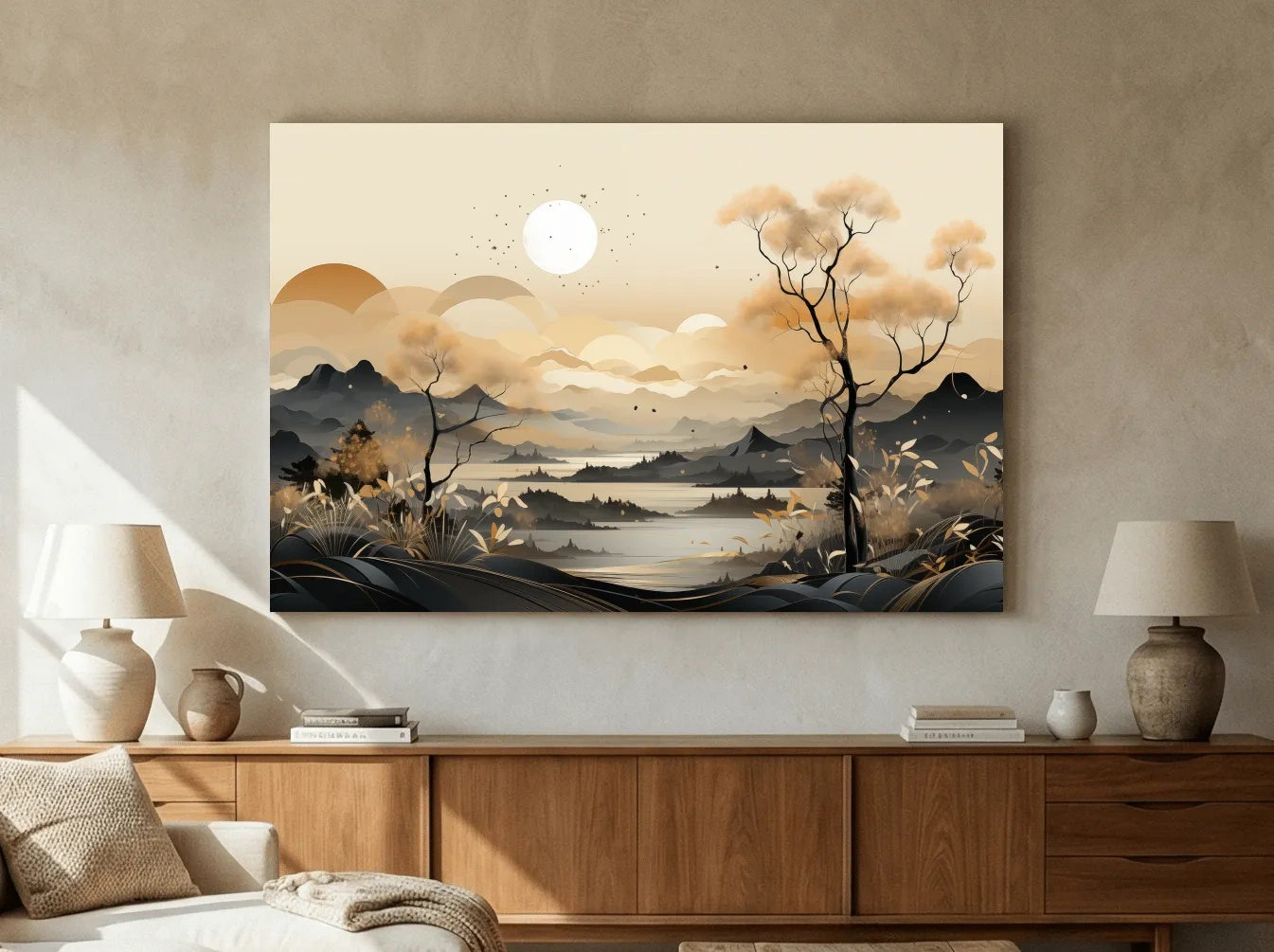 Japandi Misty Mountain Lake Landscape - Boho Wall Artwork