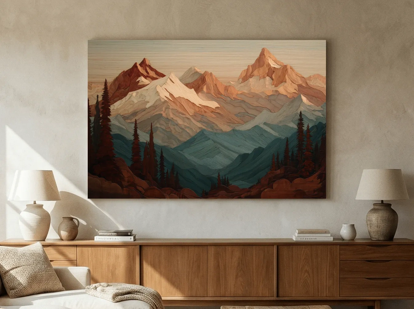 Layered Wood Alpine Mountain Range - Textured Topographic Landscape Wall Art