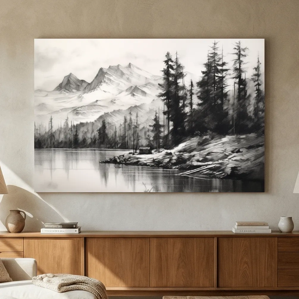 Monochrome Mountain Lake Charcoal Sketch - Pine Forest Landscape Wall Art