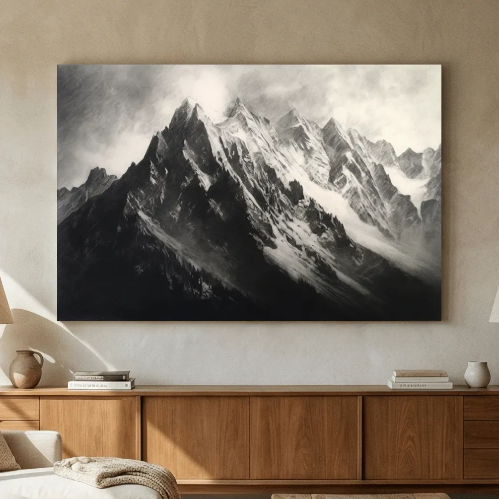 Moody Monochrome Snowy Mountain Peaks - Dramatic Charcoal Landscape Artwork