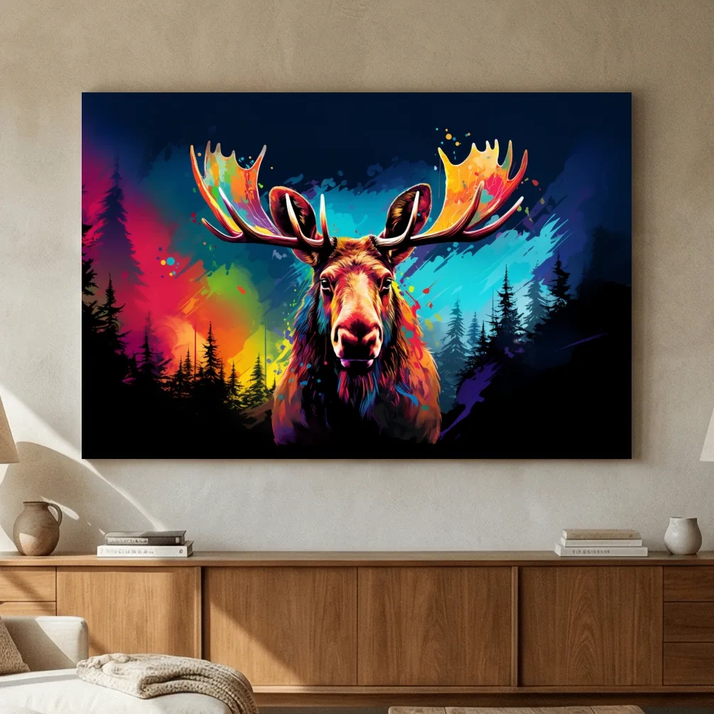Vibrant Abstract Retro Moose Portrait - Colorful Splash Paint Wildlife Wall Art