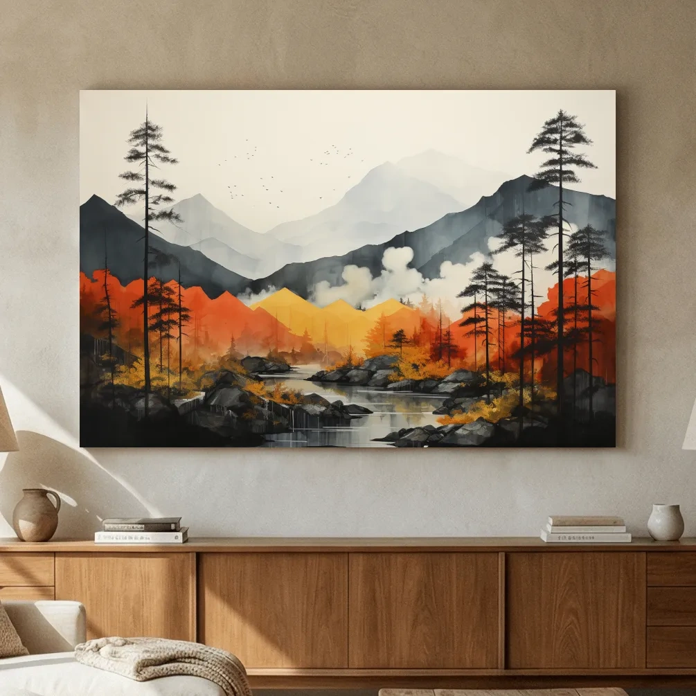 Surreal Mountain Lake Landscape - Autumn Forest Watercolor Wall Art