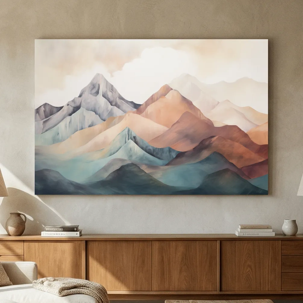 Abstract Watercolor Mountain Range Landscape - Serene Pastel Alpine Wall Art