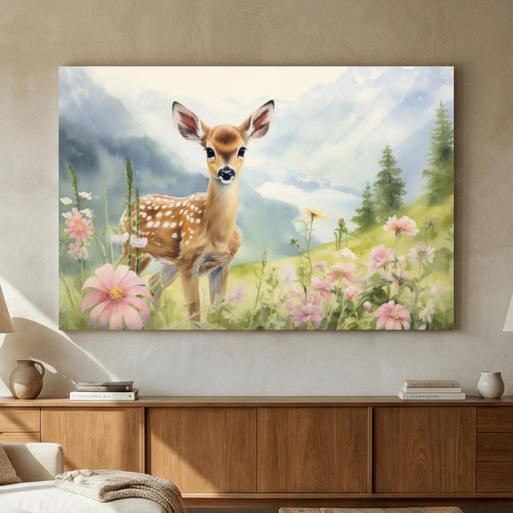 Watercolor Fawn In Wildflowers - Pastel Alpine Meadow Nursery Wall Art