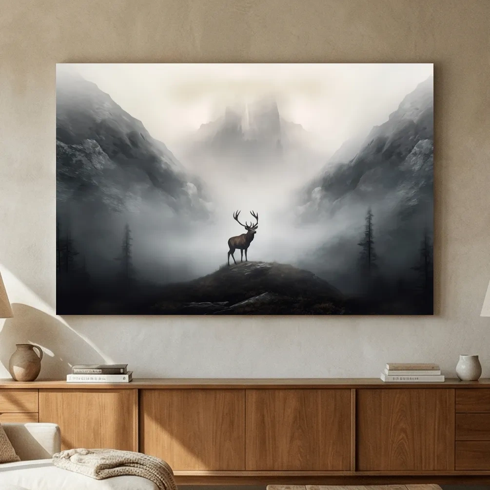 Moody Misty Mountain Stag Silhouette - Atmospheric Wildlife Landscape Art