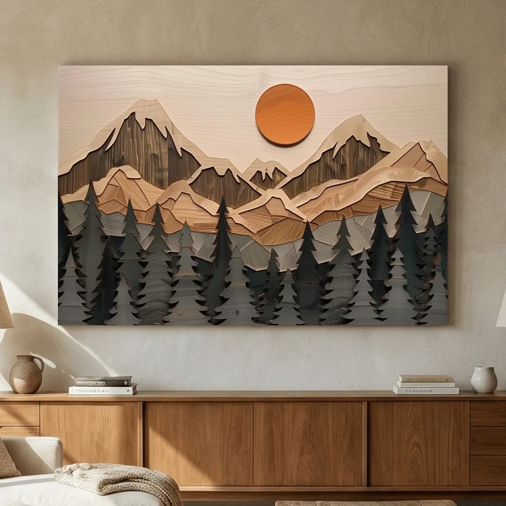 Rustic Geometric Wood Grain Mountain Sunrise - Pine Forest Landscape Wall Art