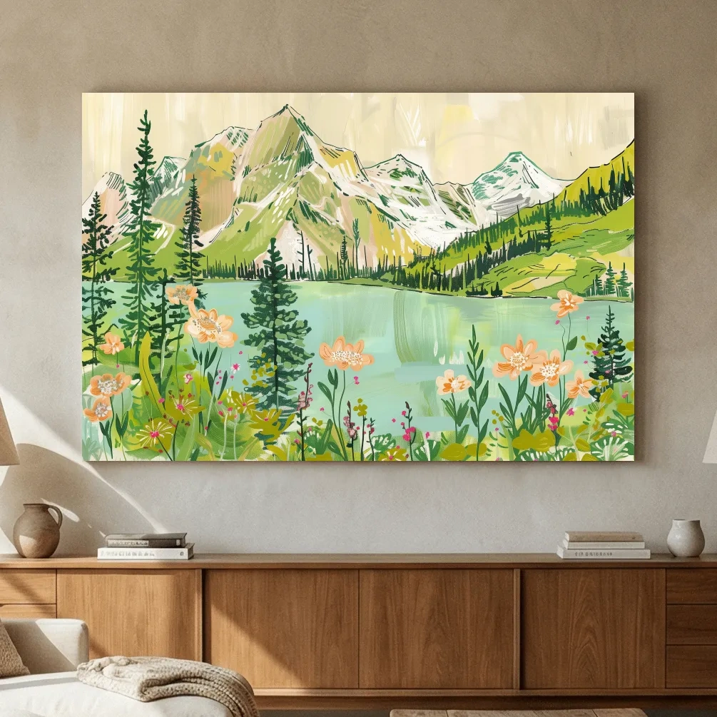 Whimsical Alpine Lake Wildflower Stylized Painting - Mountain Meadows Wall Art