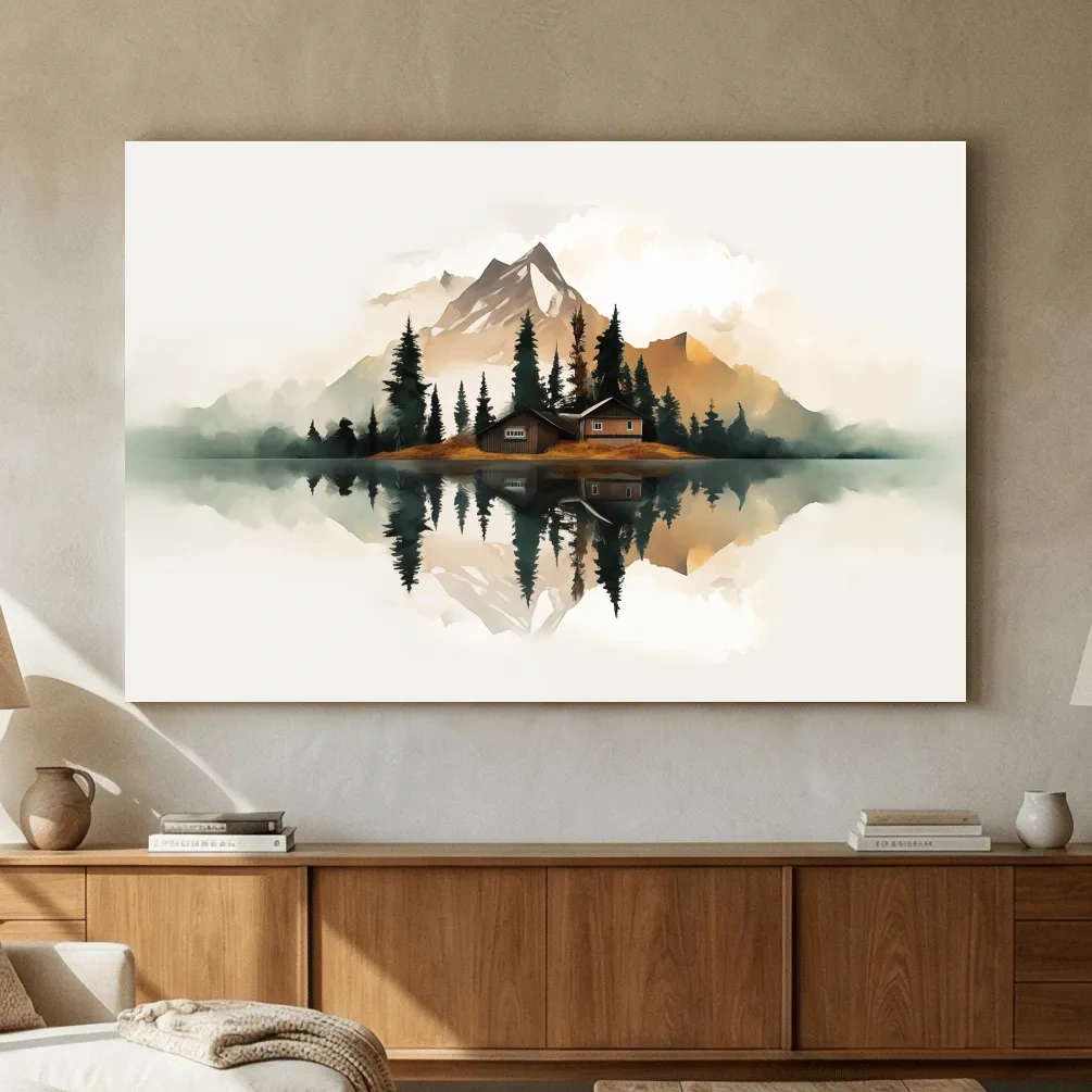 Minimalist Mountain Cabin Lake Reflection - Misty Watercolor Landscape Wall Art