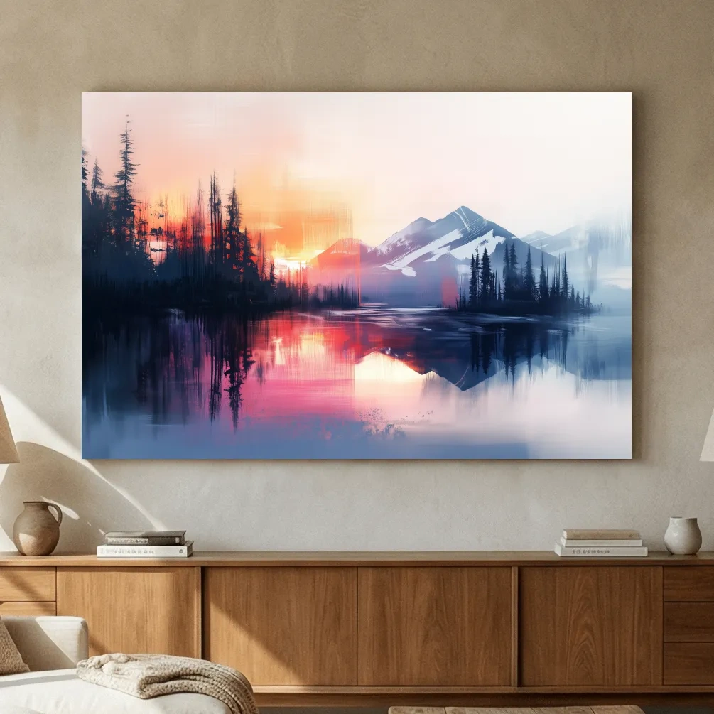 Vibrant Sunset Alpine Mountain Lake Reflection - Abstract Watercolor Forest Wall Art