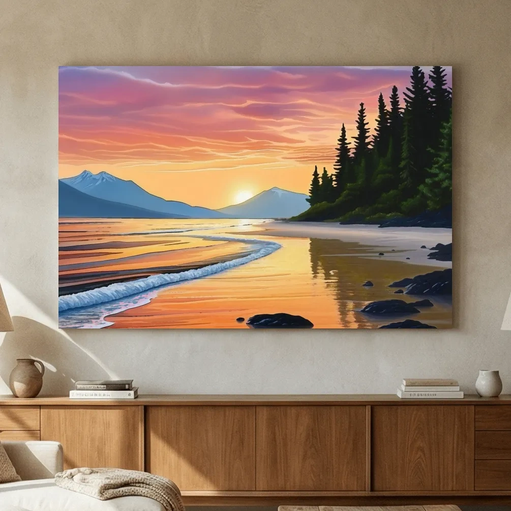 Pacific Northwest Coastal Sunset Beach Painting - Vibrant Pine Wall Art