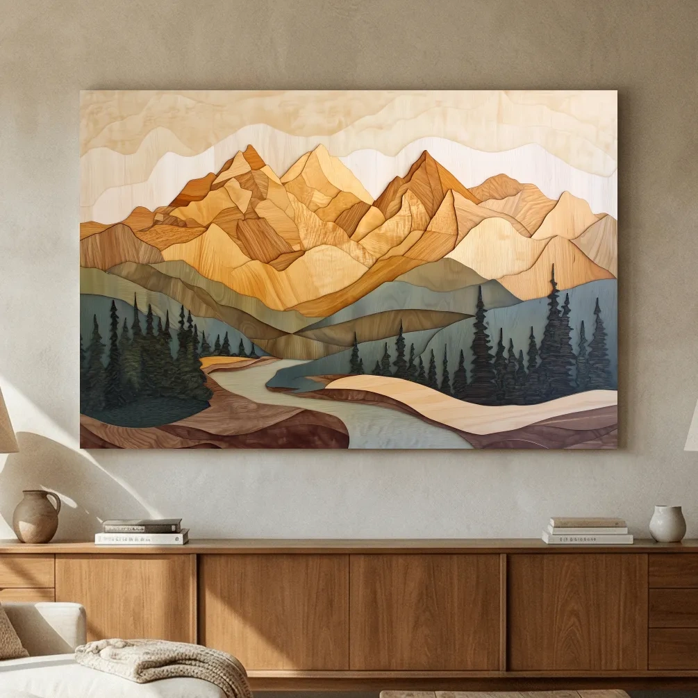 Wood Intarsia Mountain Landscape - Warm Earth Tone Alpine Forest Wall Art