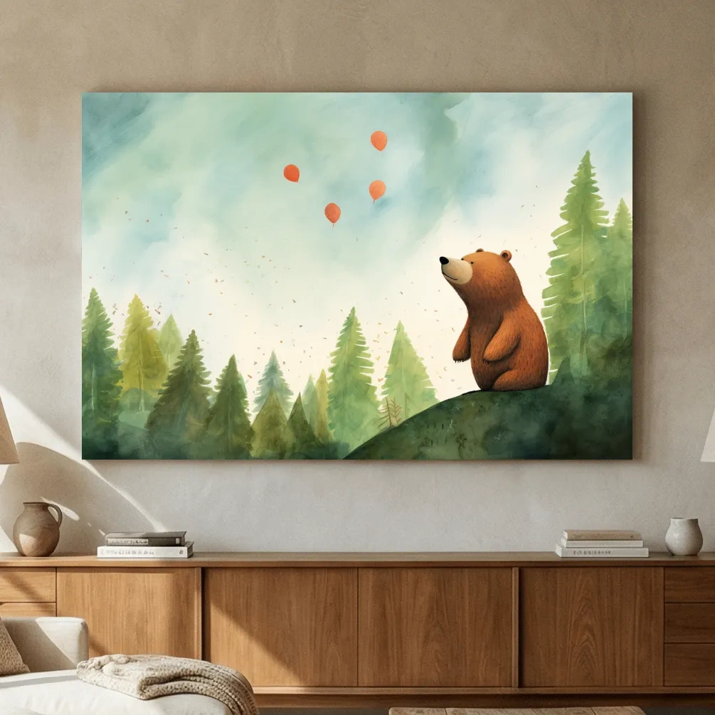 Whimsical Watercolor Bear Watching Balloons - Cute Nursery Forest Wall Art