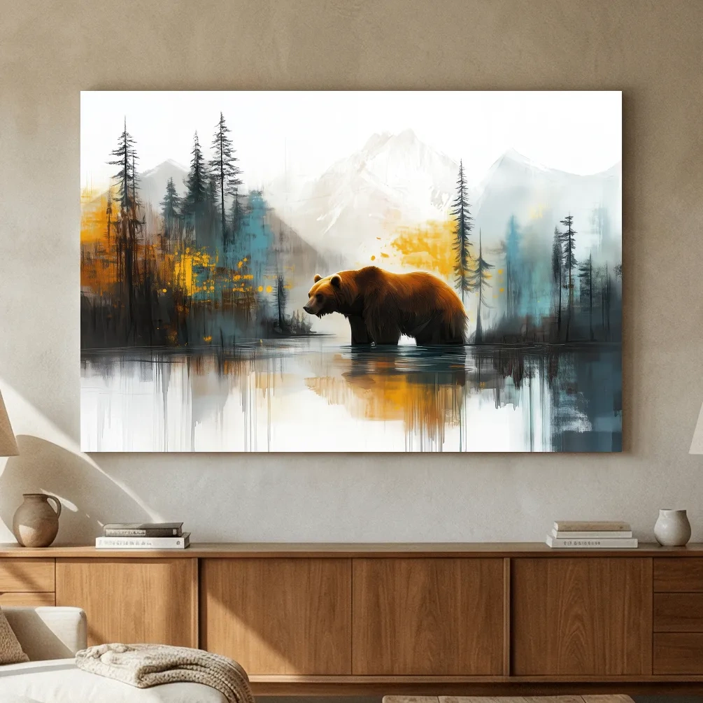 Grizzly Bear Lake Reflection - Misty Mountain Forest Watercolor Style Artwork