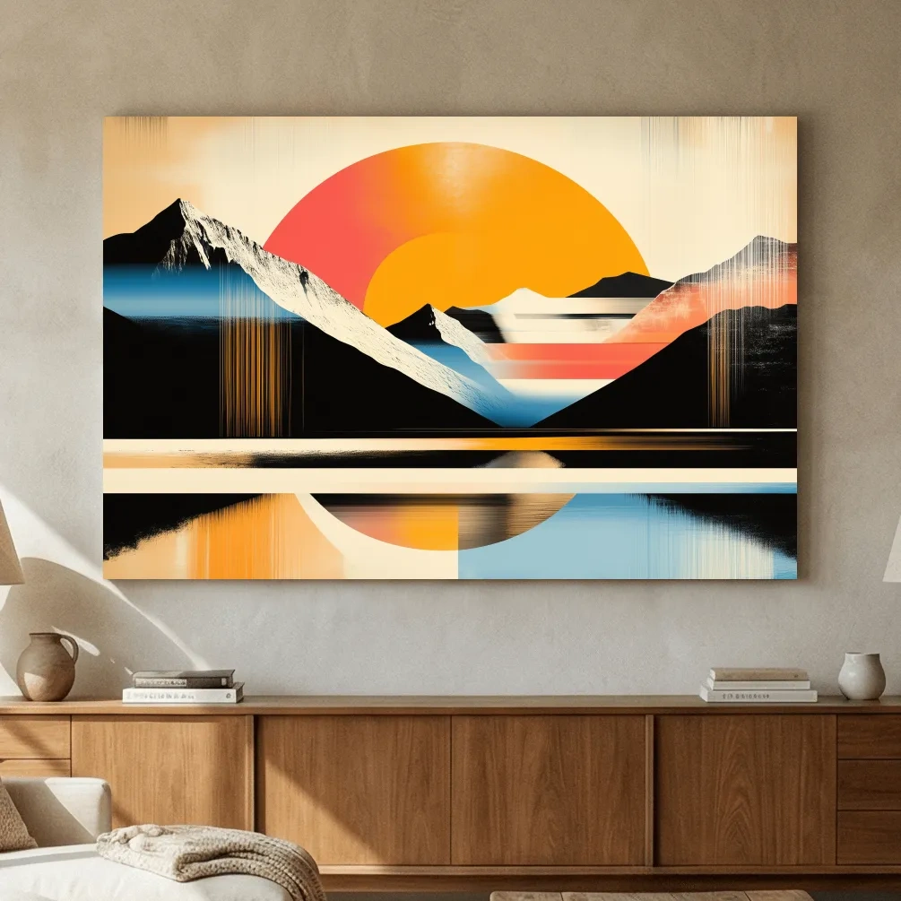 Retro Abstract Alpine Lake Sunset Artwork - Geometric Landscape Wall Art