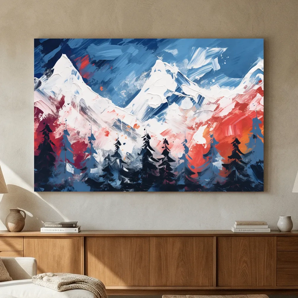 Vibrant Abstract Snowcapped Mountain Peaks - Bold Alpine Forest Landscape Art
