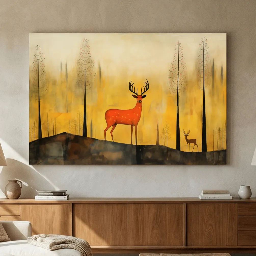 Whimsical Deer In Autumn Forest - Golden Woodland Landscape Wall Art