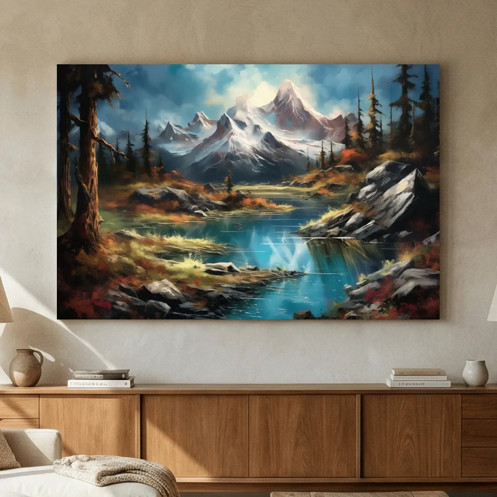 Alpine Lake And Snowcapped Peaks - Dramatic Landscape Painting Wall Art