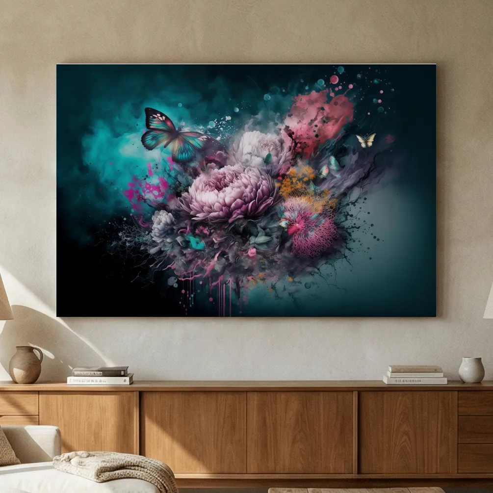 Surreal Floral Butterfly Explosion Painting - Vibrant Botanical Wall Art