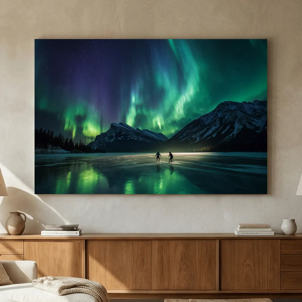 Ice Skaters Under Vibrant Northern Lights - Aurora Borealis Photographic Wall Art