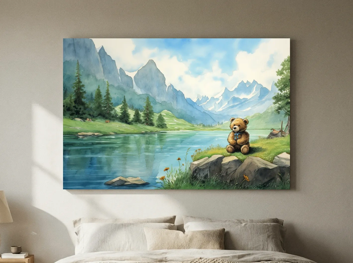 Whimsical Teddy Bear By Mountain Lake - Cute Watercolor Nursery Wall Art