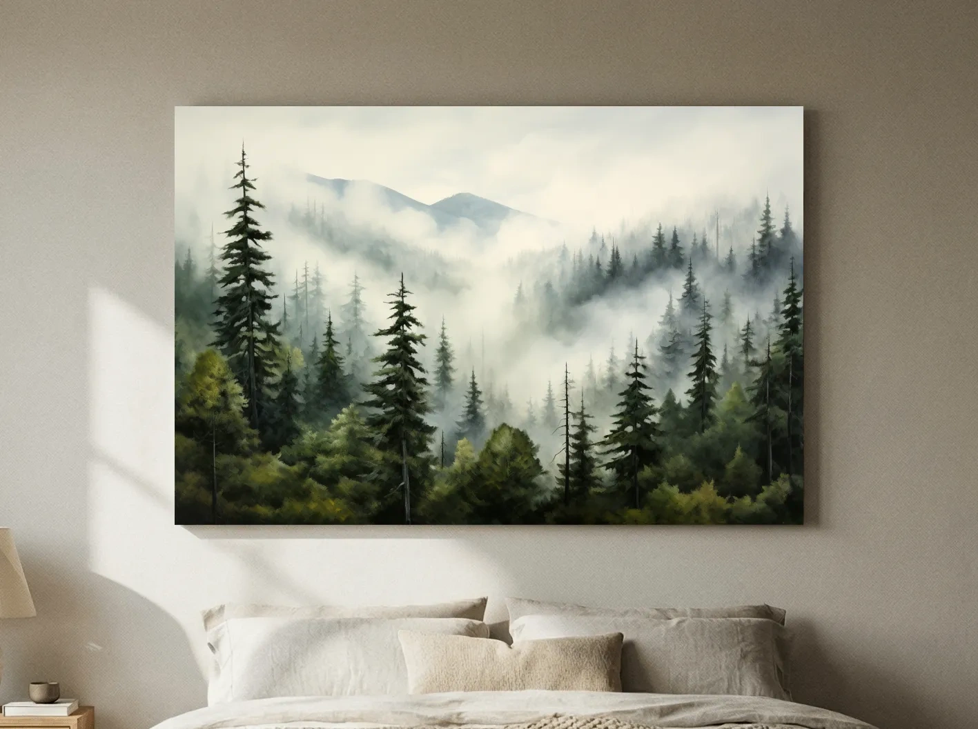 Foggy Alpine Mountain Forest Painting - Moody Watercolor Landscape Wall Art