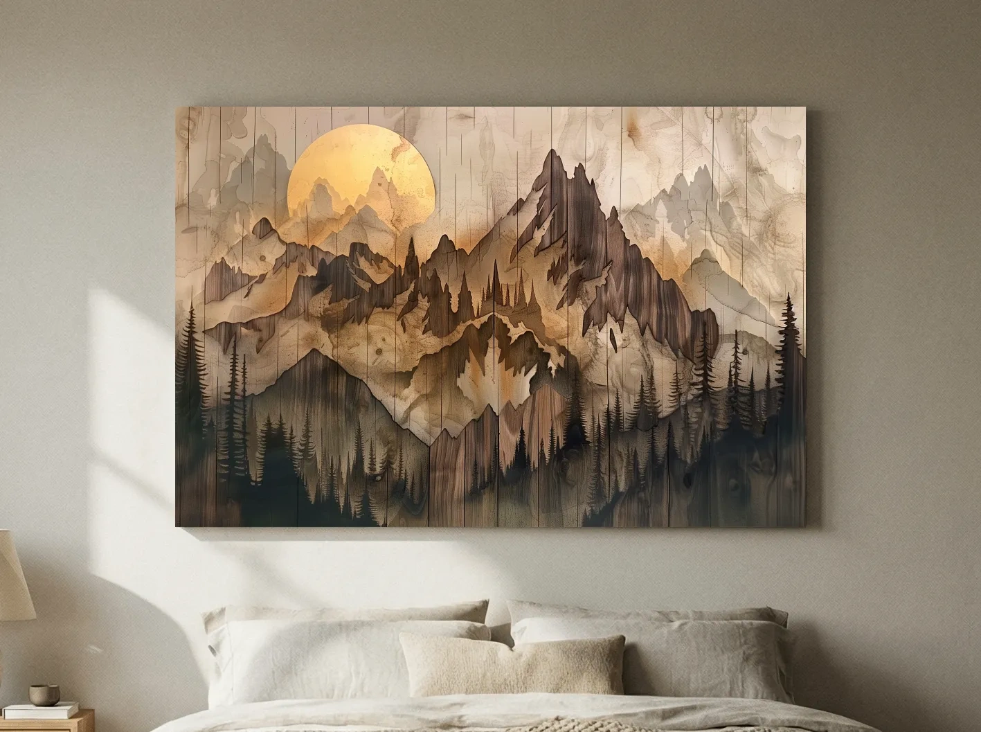 Rustic Sepia Mountain Sunrise Landscape - Vintage Wood Grain Watercolor Artwork