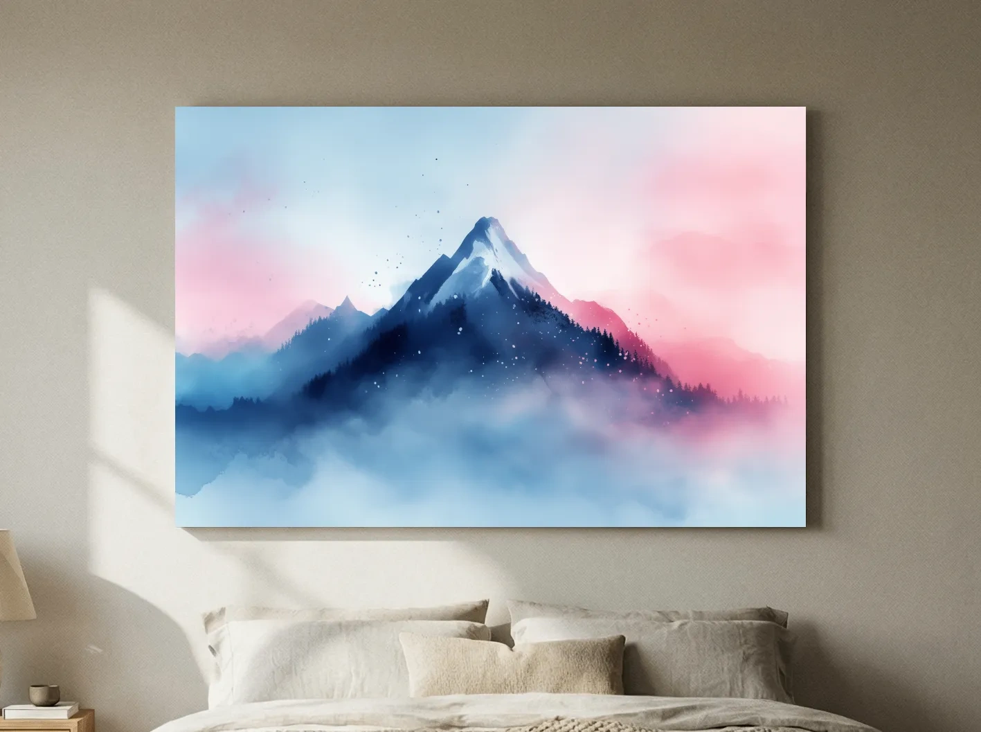 Misty Pastel Watercolor Mountain Peak - Dreamy Alpine Landscape Wall Art