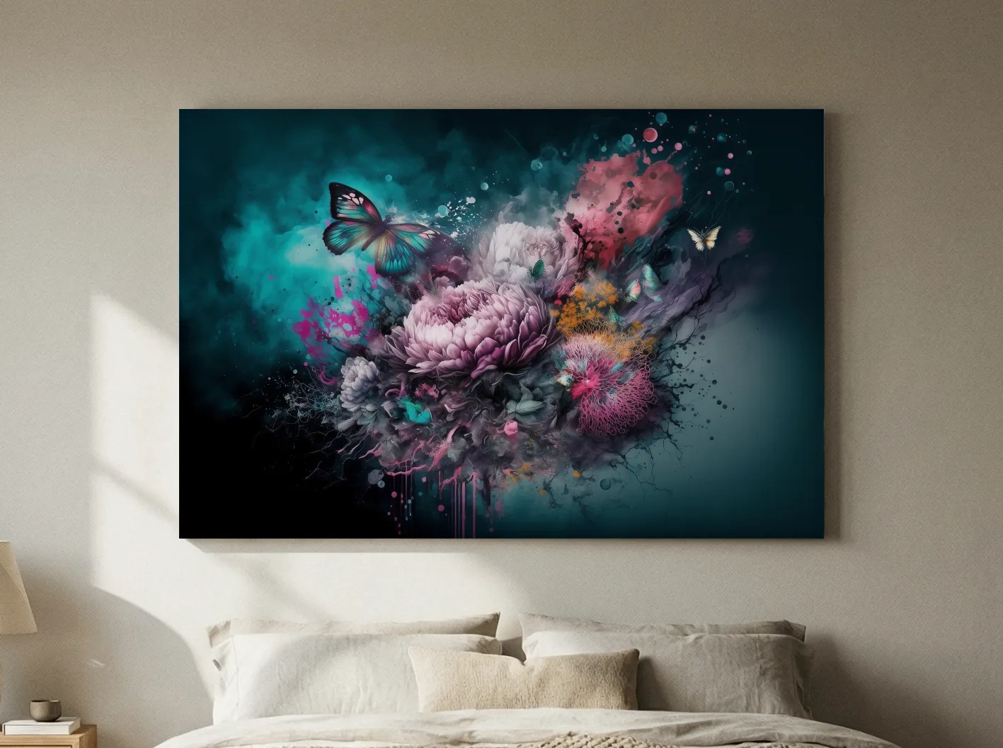 Surreal Floral Butterfly Explosion Painting - Vibrant Botanical Wall Art