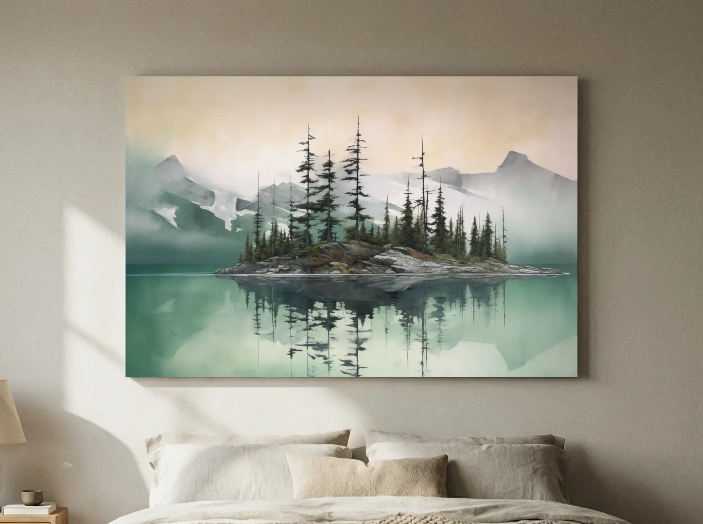 Misty Turquoise Alpine Lake Reflection - Serene Watercolor Mountain Landscape Wall Art