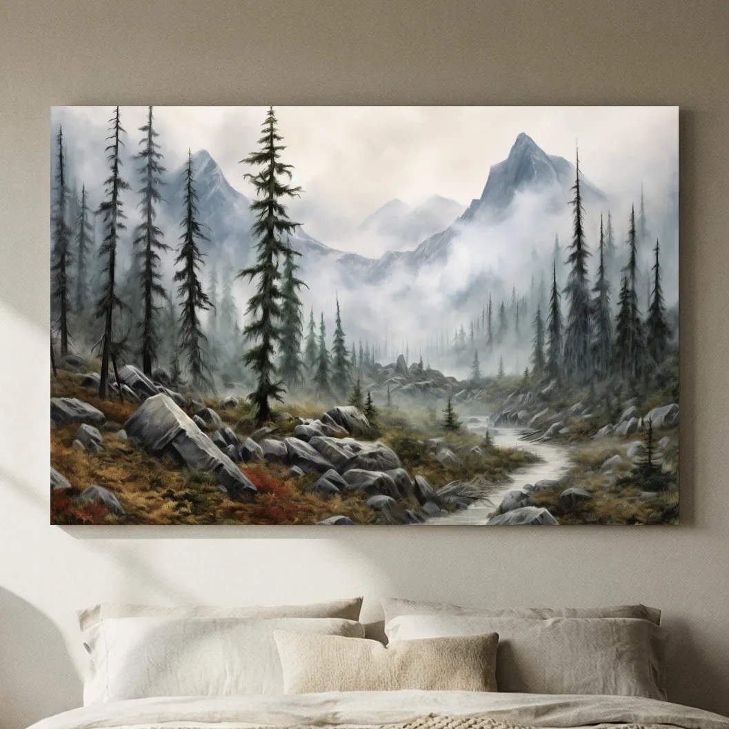 Foggy Alpine Mountain Forest Landscape - Moody Wall Art