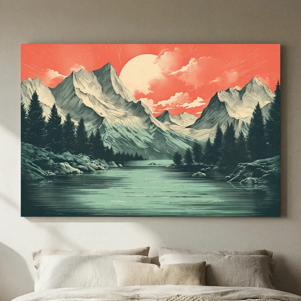 Retro Alpine Mountain Lake Sunset - Vintage Risograph Landscape Wall Art
