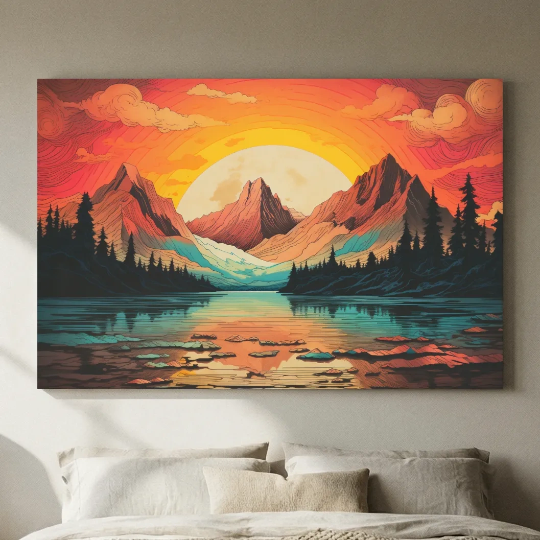 Vibrant Retro Alpine Lake Sunset - Stylized Mountain Wall Art