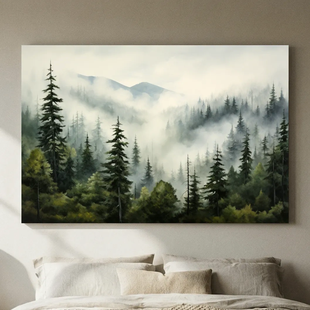 Foggy Alpine Mountain Forest Painting - Moody Watercolor Landscape Wall Art