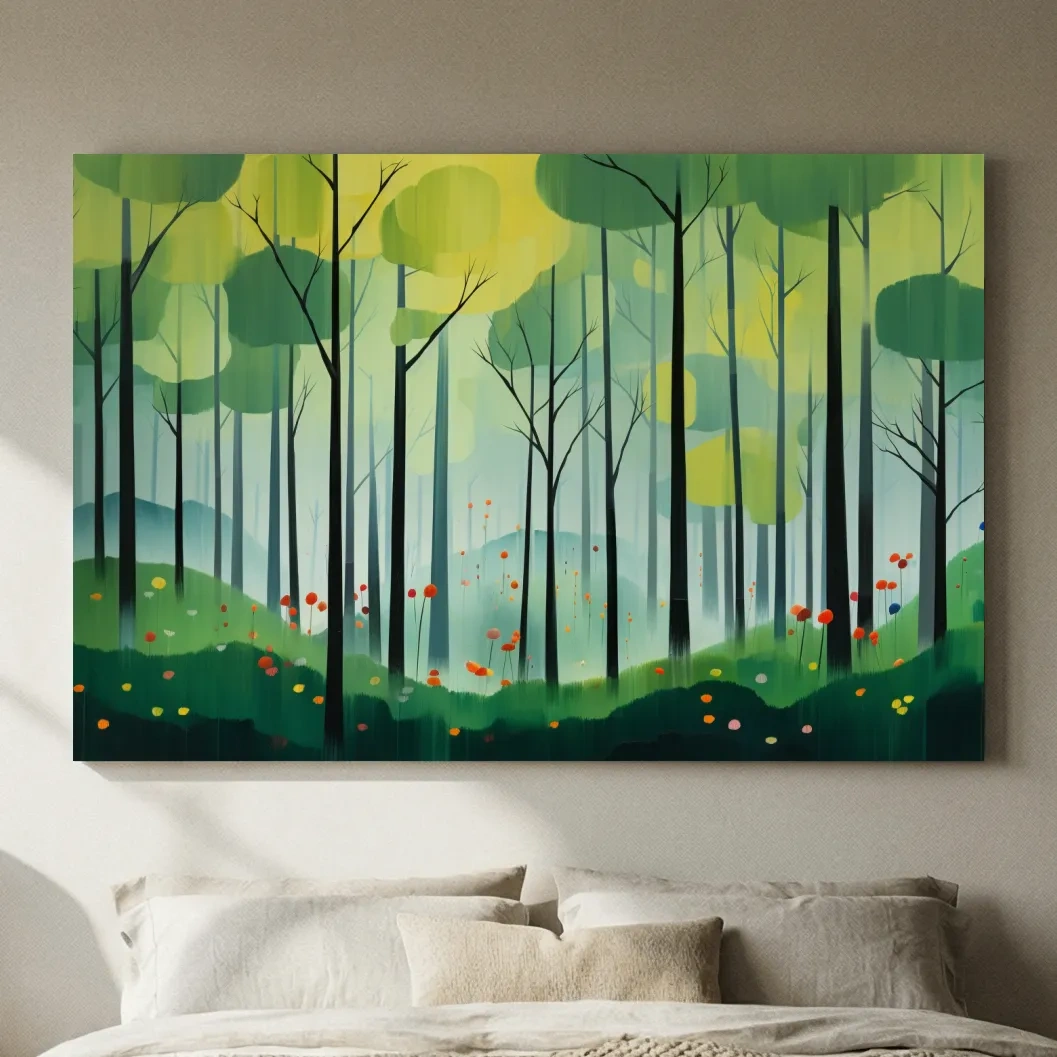 Whimsical Misty Forest Grove Illustration - Woodland Landscape Wall Art