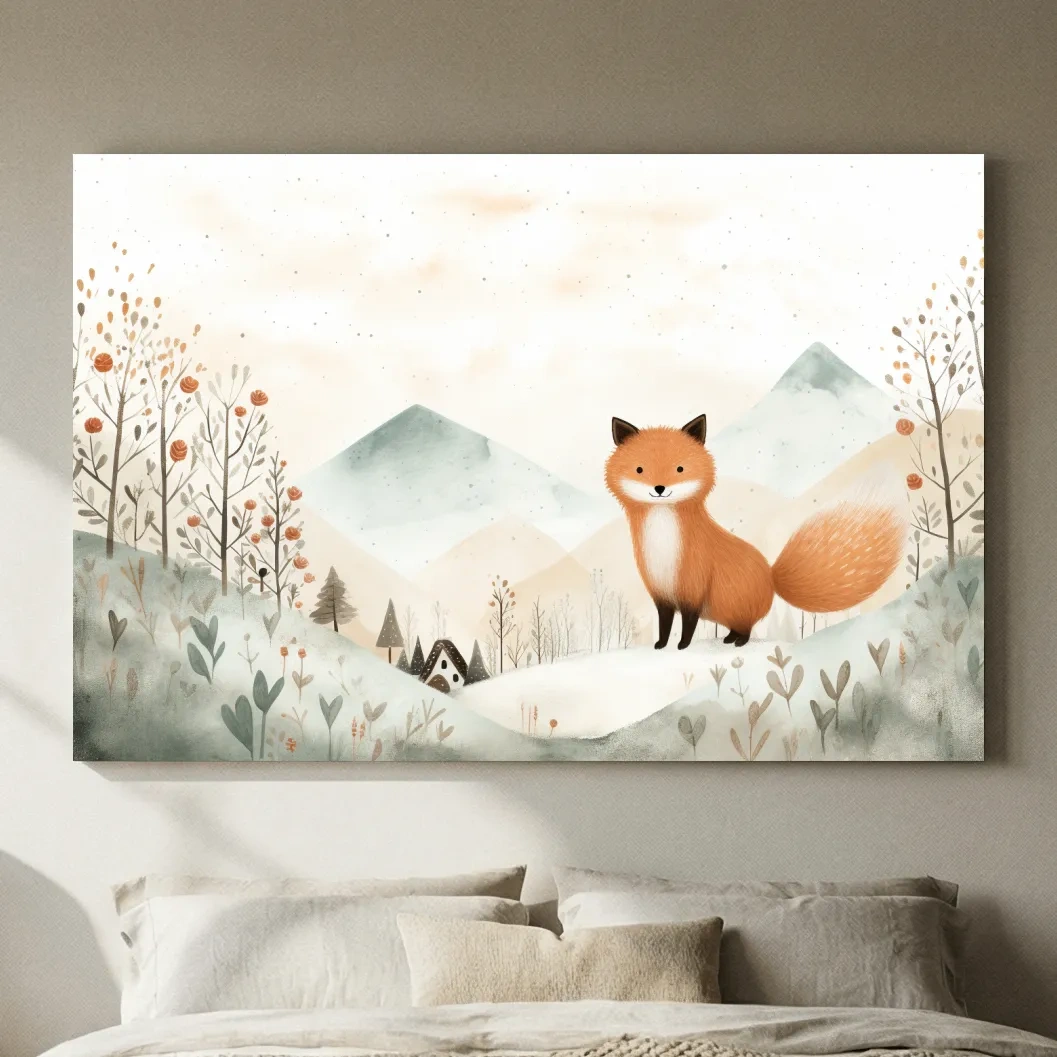 Whimsical Watercolor Fox In Pastel Mountains - Cute Nursery Animal Wall Art