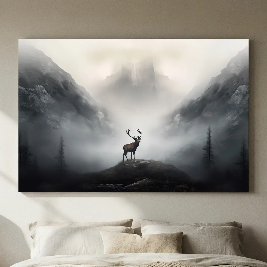 Moody Misty Mountain Stag Silhouette - Atmospheric Wildlife Landscape Art