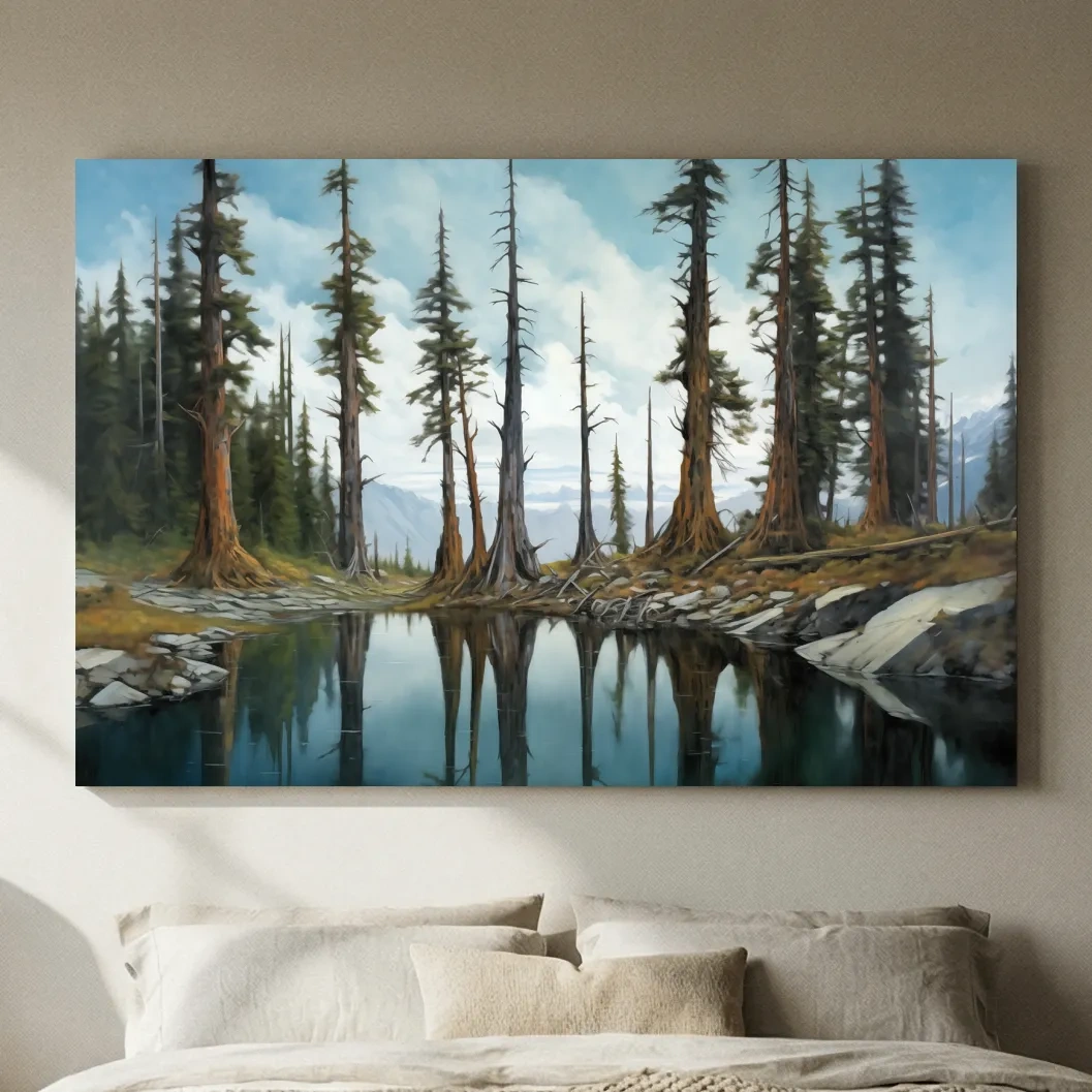 Pine Forest Lake Reflection Painting - Serene Wilderness Landscape Wall Art