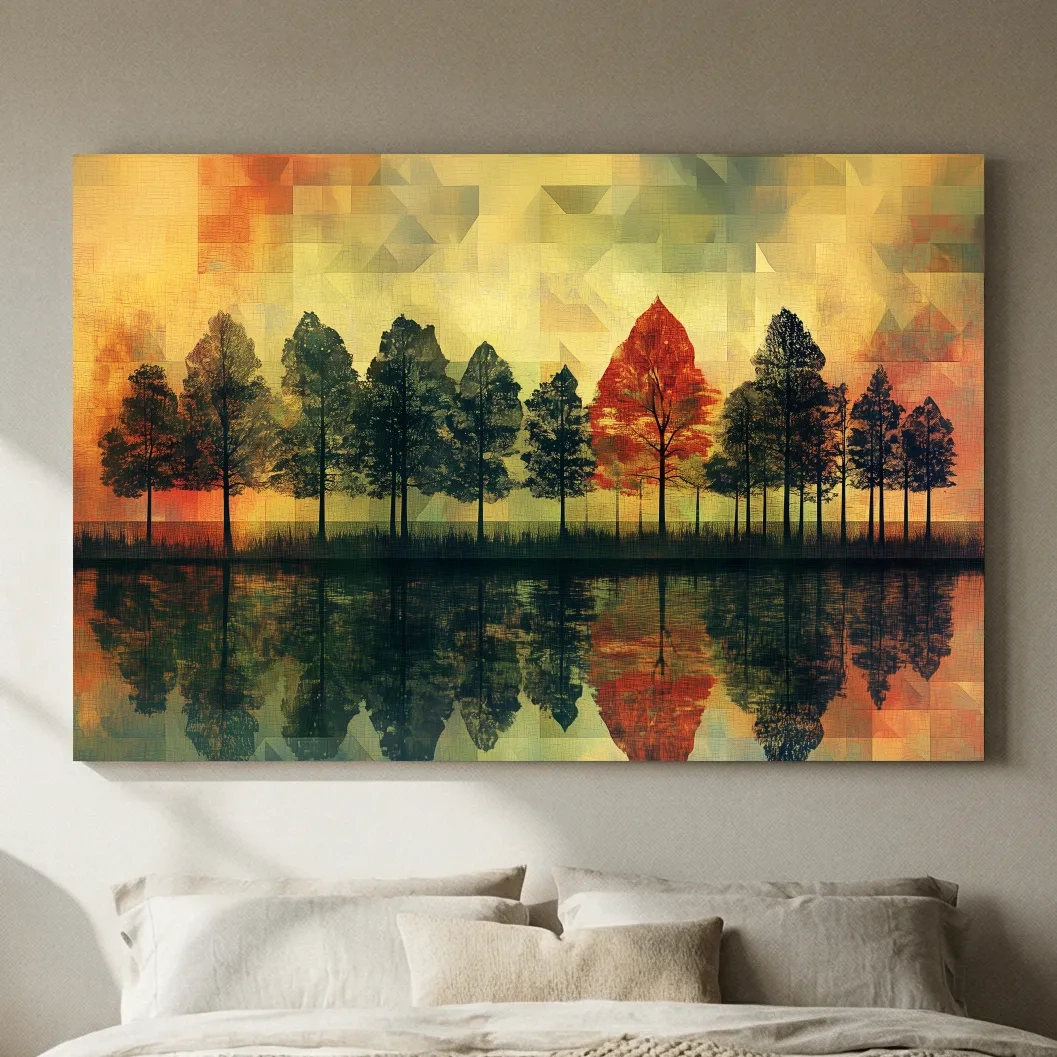 Abstract Geometric Autumn Forest Reflection - Modern Mosaic Landscape Artwork