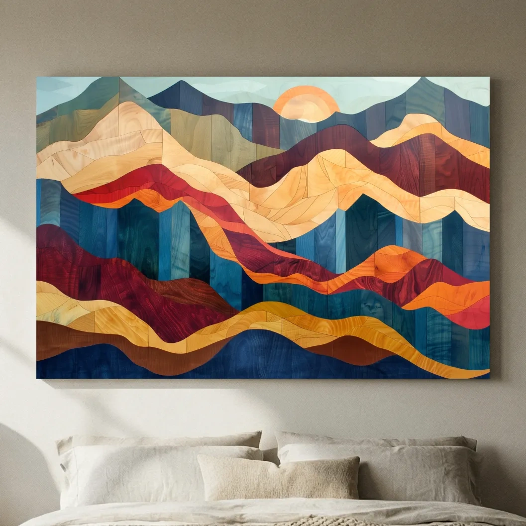 Layered Abstract Mountain Sunset Woodgrain - Mid Century Modern Wall Art