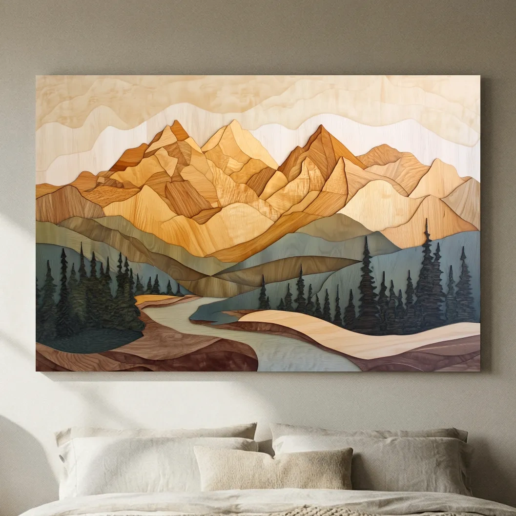Wood Intarsia Mountain Landscape - Warm Earth Tone Alpine Forest Wall Art